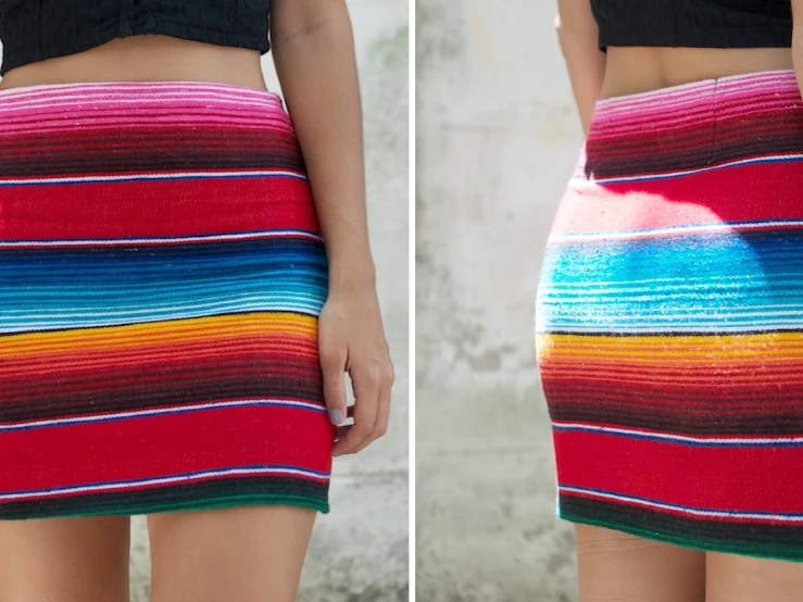 a multi - color skirt, with a thin waist, is displayed