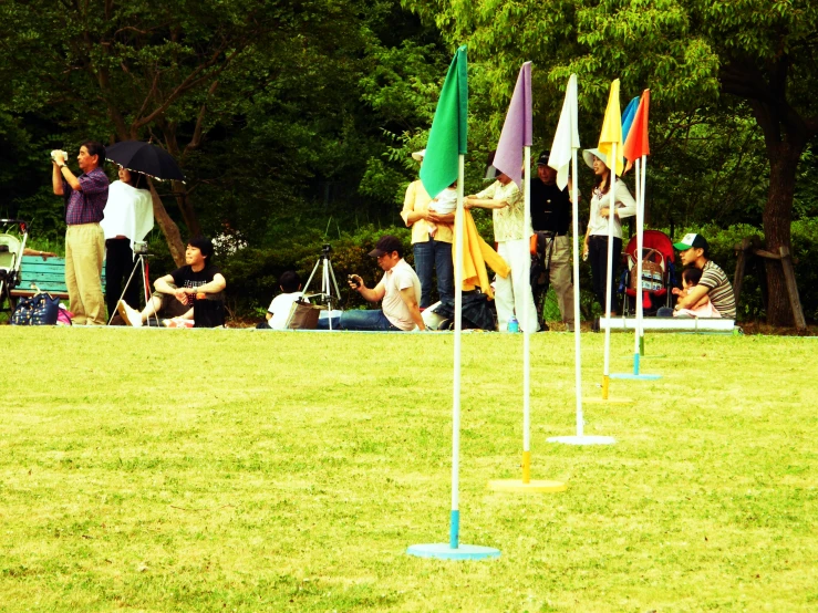 the people are in a field holding flags