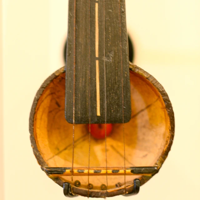 close up of an acoustic instrument with its frets resting on it