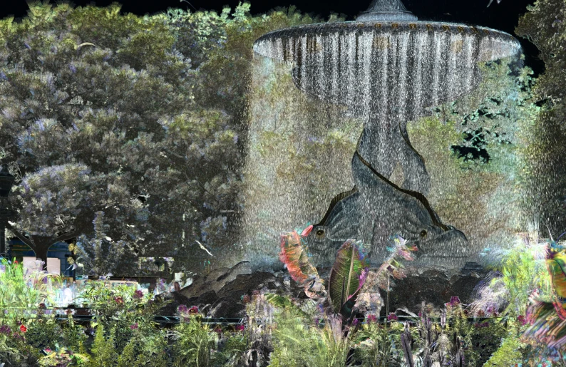 a digital painting of a waterfall with lots of green plants and shrubs