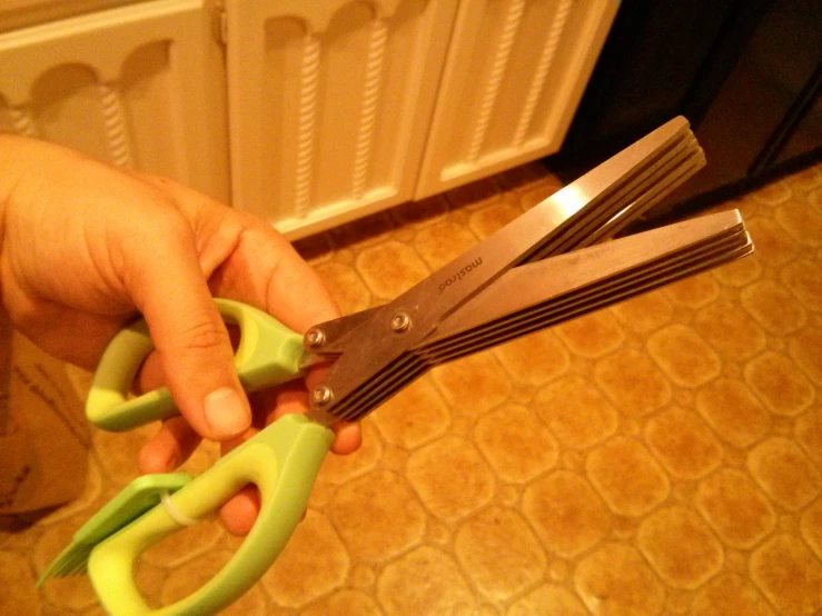 there are two pieces of green scissors in the persons hand