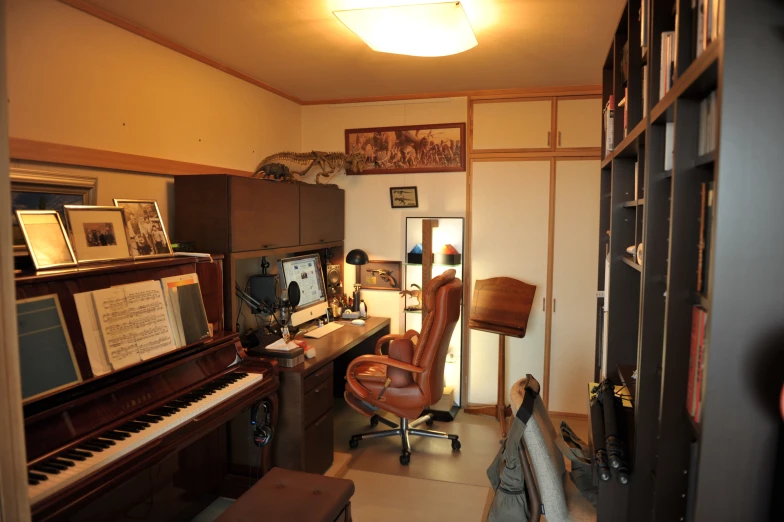 a room with many electronic and piano equipment