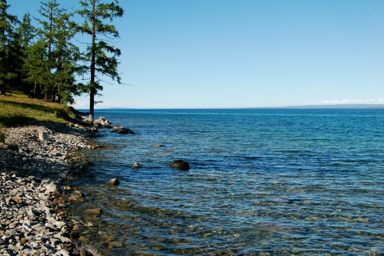 an ocean view with water and rocks near trees