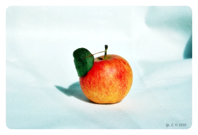 an apple with a leaf on top, is shown