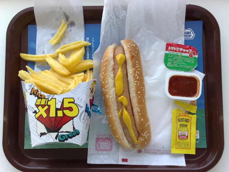 two dogs on a tray next to french fries and ketchup