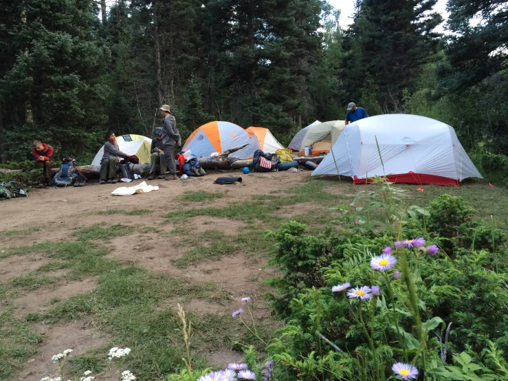 tents set up on the field with a group of people sitting