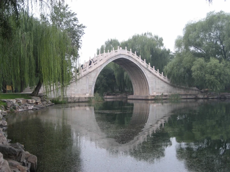 a bridge with an arched design on the sides over water