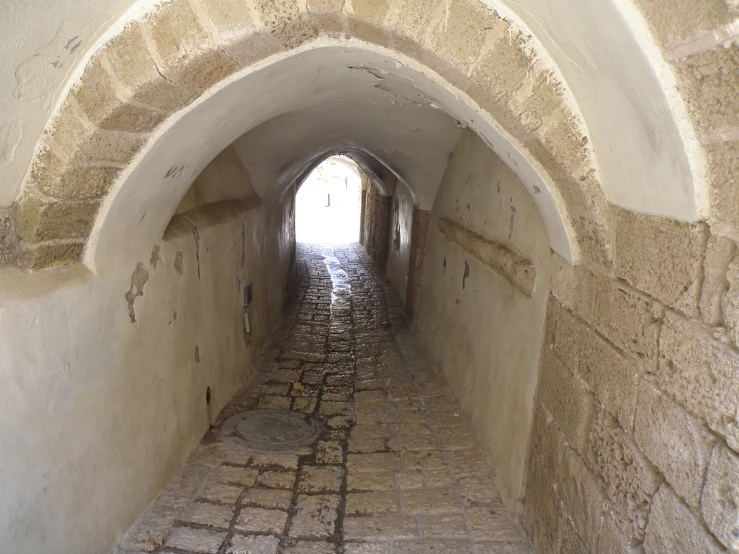 a walkway in an old castle with brick walls and a circle on top