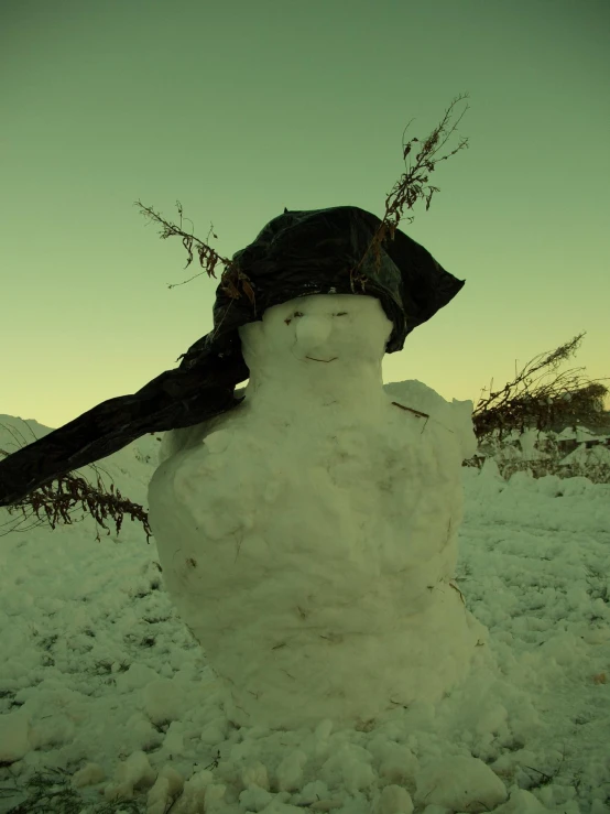 a snow man with a hat and a black jacket on