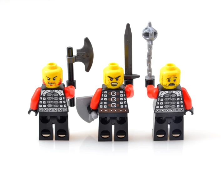 two lego people holding an iron hammer