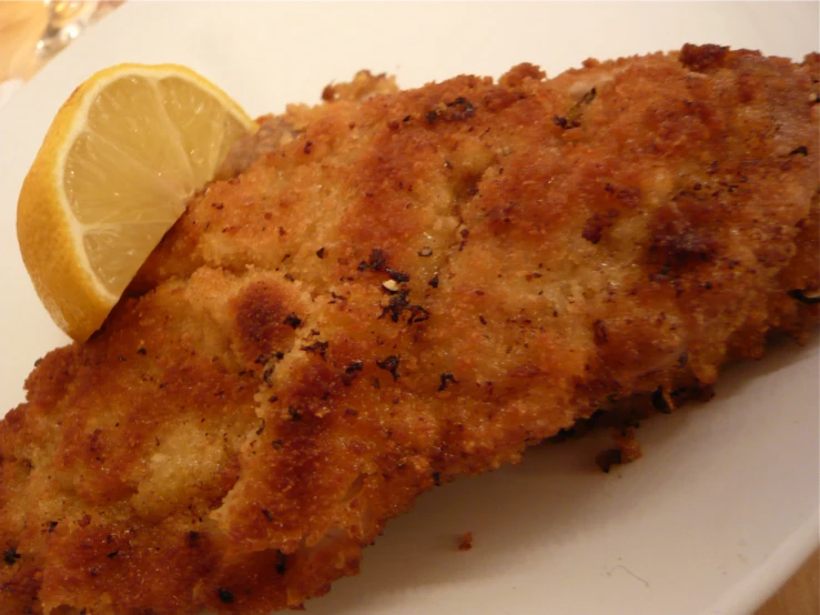 close up view of a piece of fish on a plate with lemon wedges