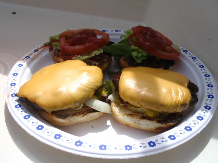 a white paper plate topped with two sandwiches