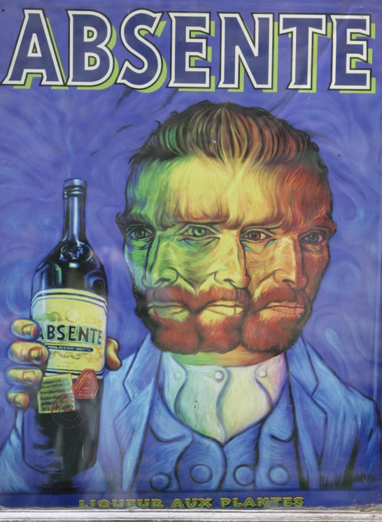 a man holding a bottle of absensene next to a cartoon drawing of the face