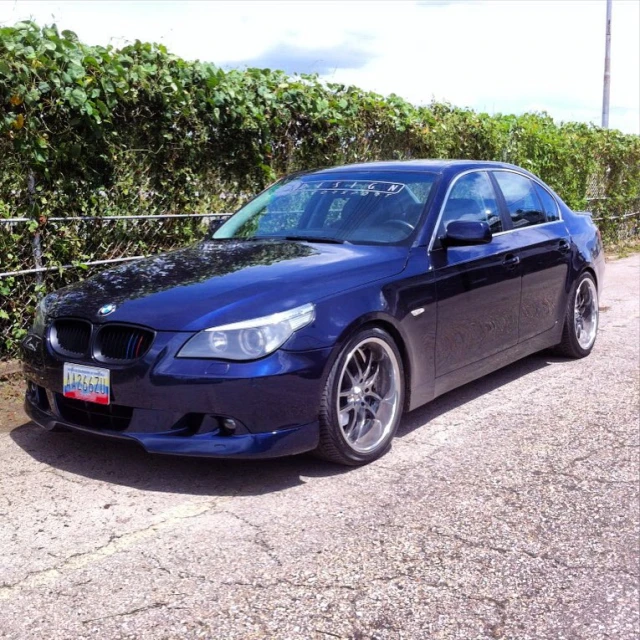 the front view of a blue bmw is parked in front of bushes