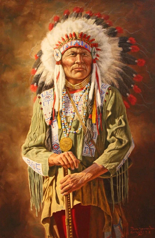 a painting of an indian man wearing headdress