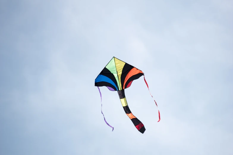 a kite in the air being flown with two people watching