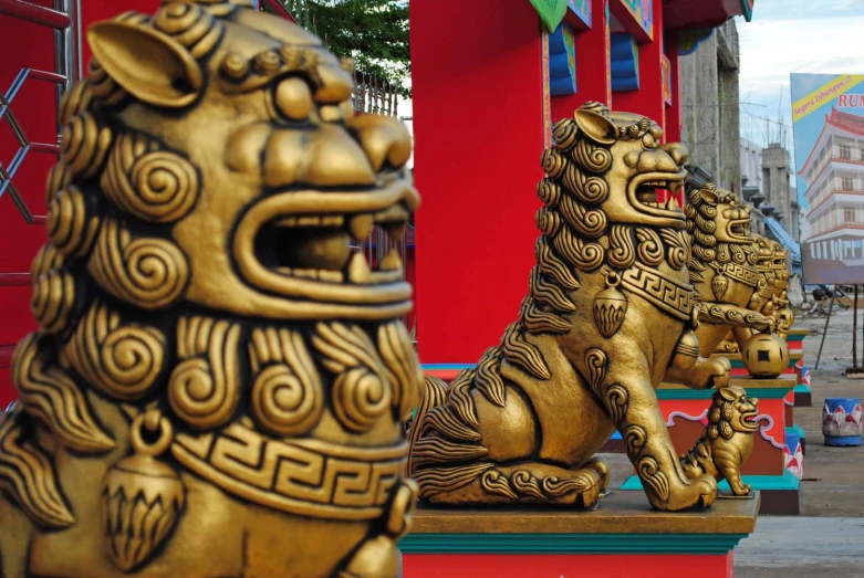 the statues of lions are in the front of the building