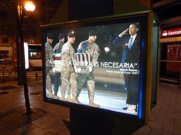 billboard on sidewalk advertising uniforms for the military