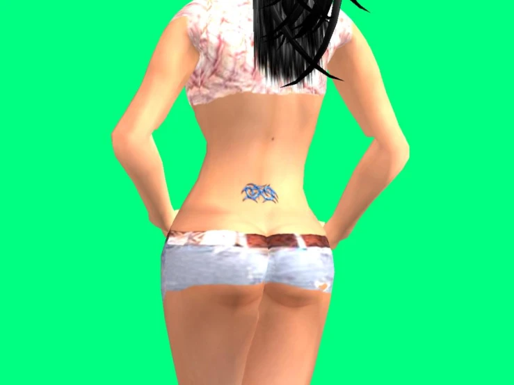 a cartoonish girl with short pants and a bikini in white