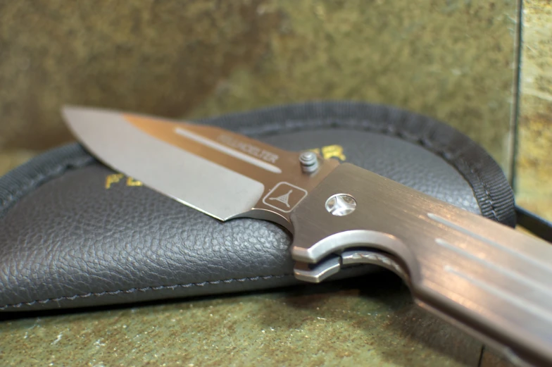 knife laying on top of a leather case