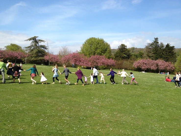 several people are standing in a grassy field with flowers and trees