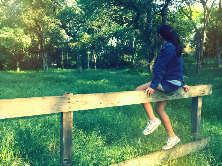 a girl sits on a wooden plank and looks at the woods