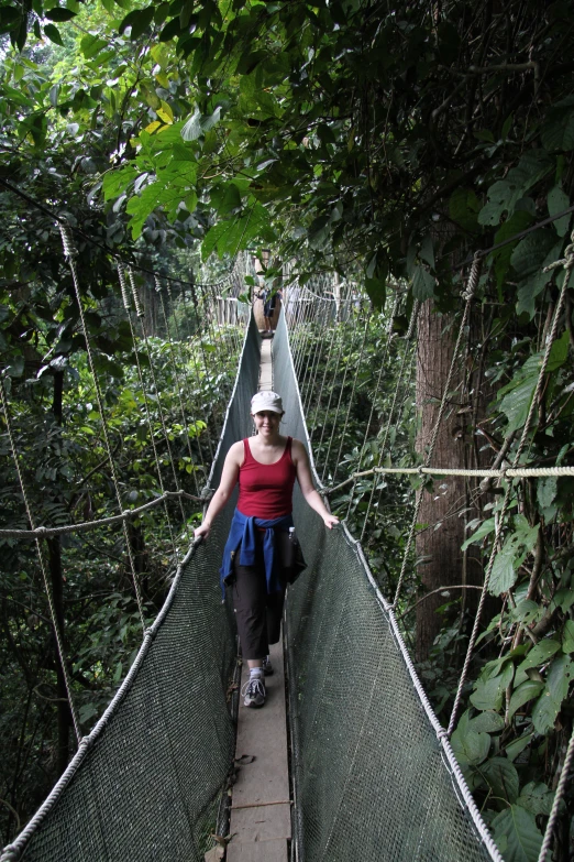 a woman walks on a walkway in the rainforest