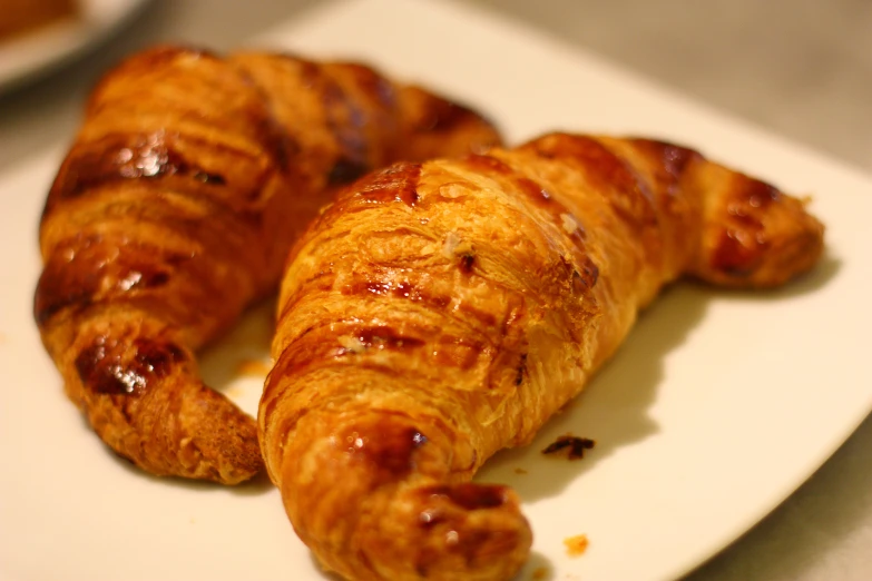 two croissants are sitting on a white plate