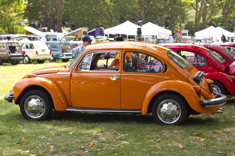 an orange volkswagen beetle parked in the grass