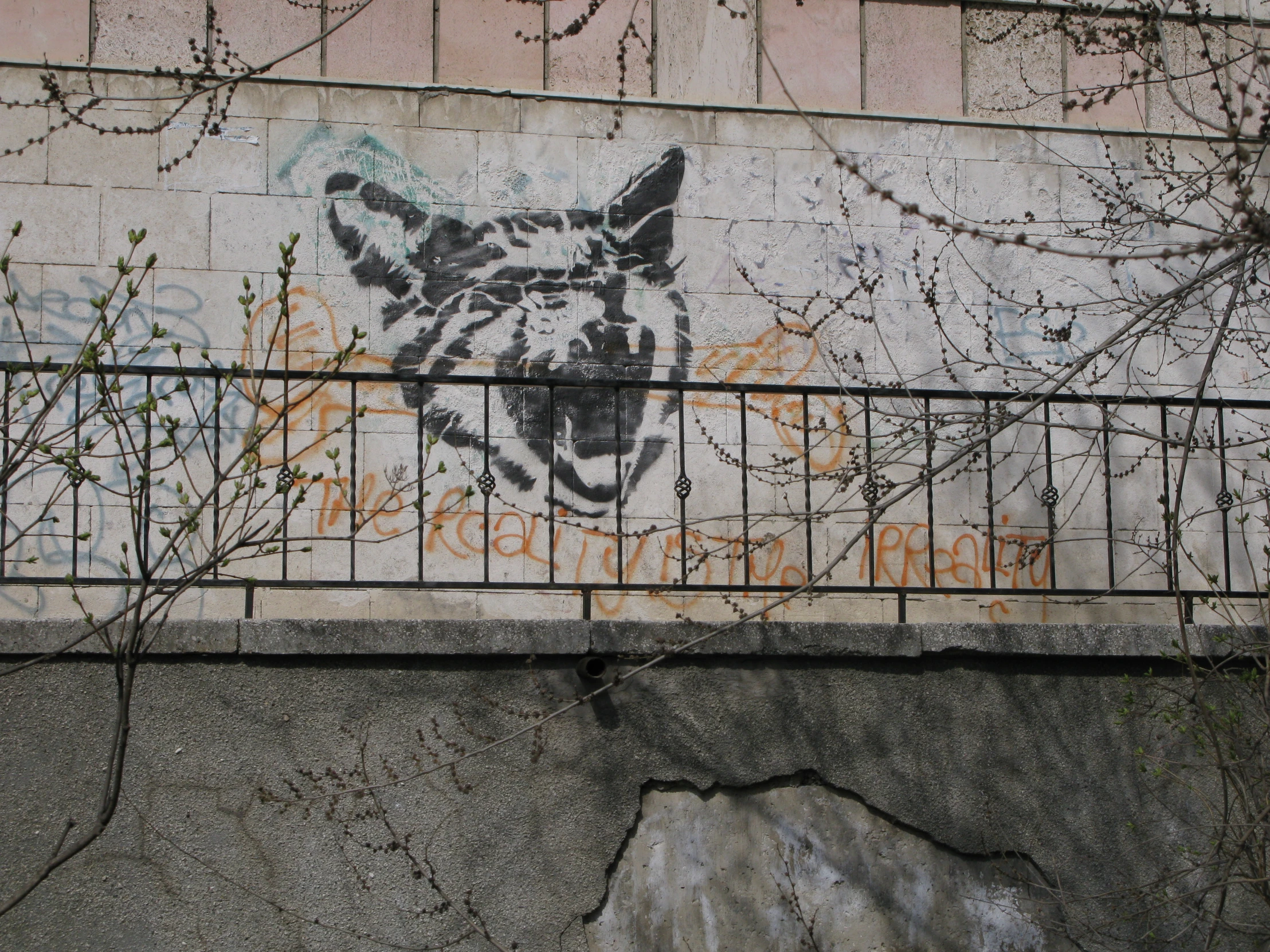 a wall painted with a tiger head with a barbed wire fence