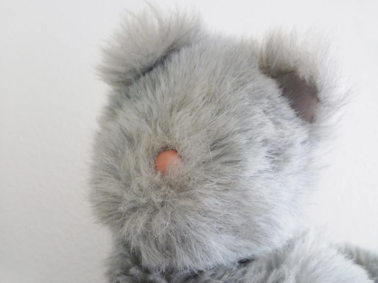 the back of a small gray furry toy