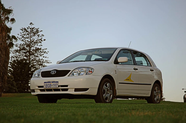 the small white car is parked near some grass