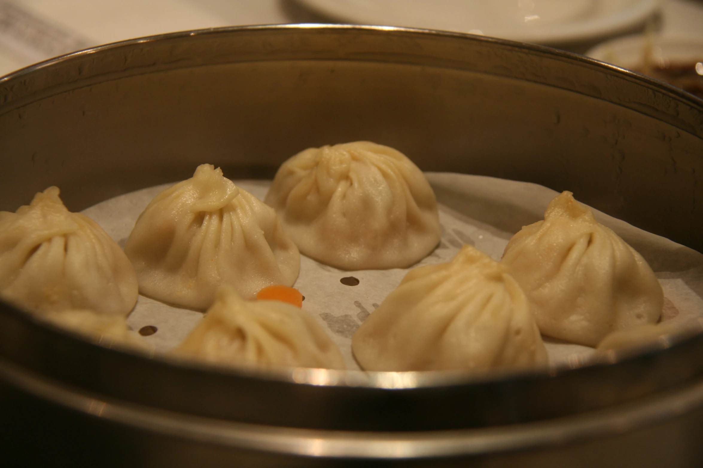 six dim dumplings sit in a saucer on the stove