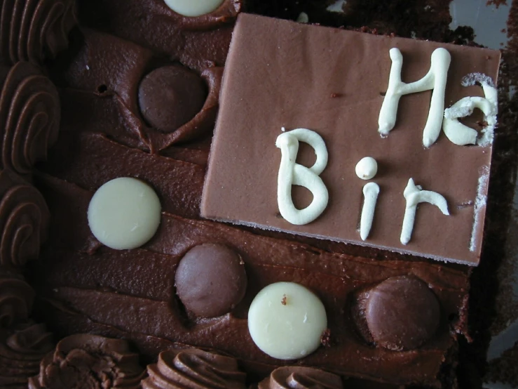 the letters have been frosted on the chocolate birthday cake