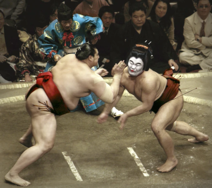 a sumo wrestler and a sumo wrestler fighting for the title