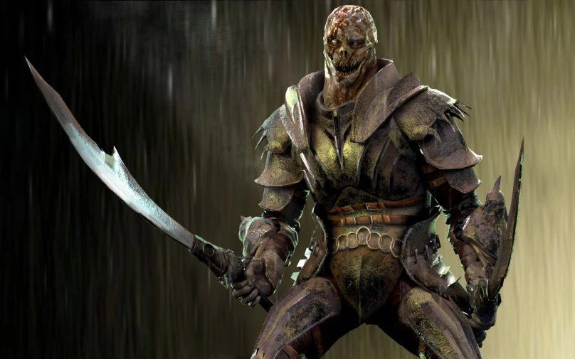 a man dressed as a predator holding two swords