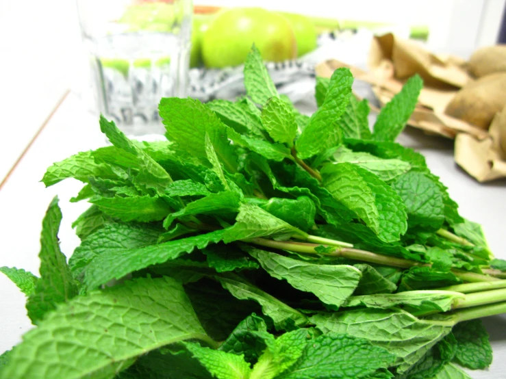 fresh mint leaves and an apple in a glass behind them