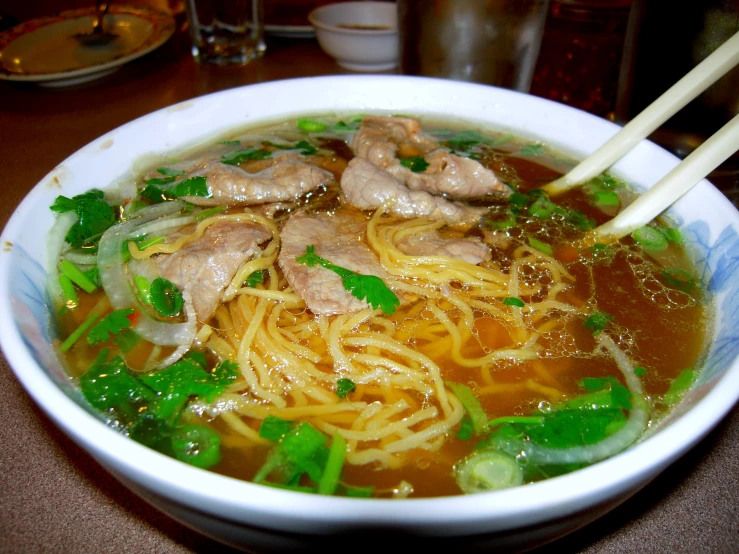 soup is garnished with meat and noodles