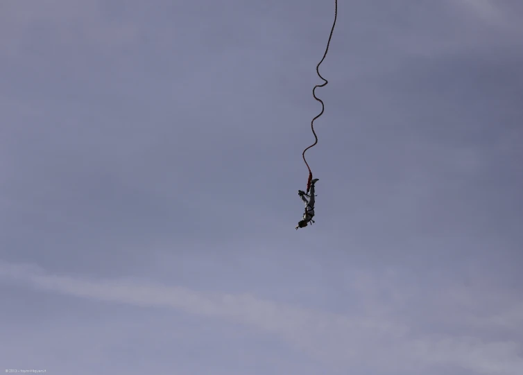 kite flying in the sky with cord connecting to the tail