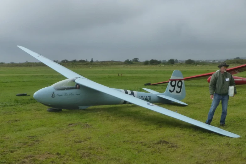 a man standing next to a blue airplane on top of a lush green field