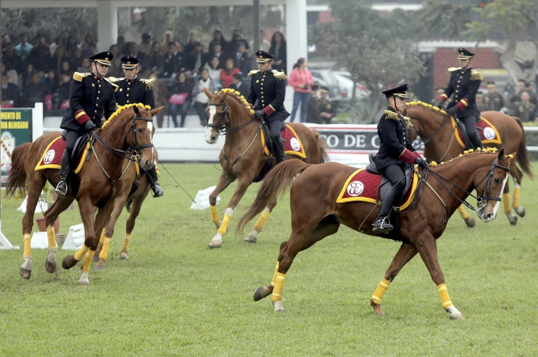 a group of men in uniforms riding horses