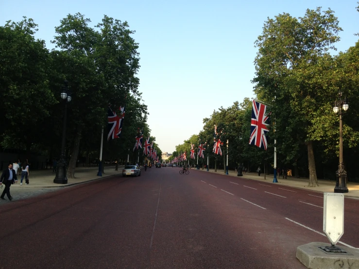 people walking down the middle of the street with flags