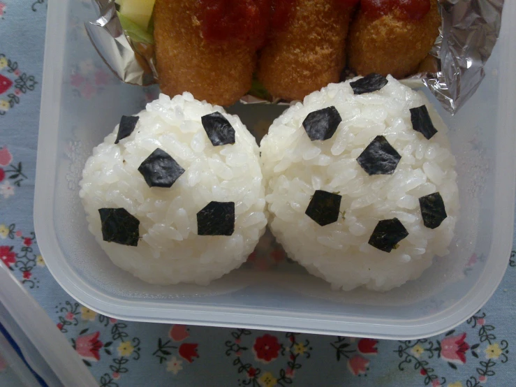 two balls are sitting in a container with rice and meat