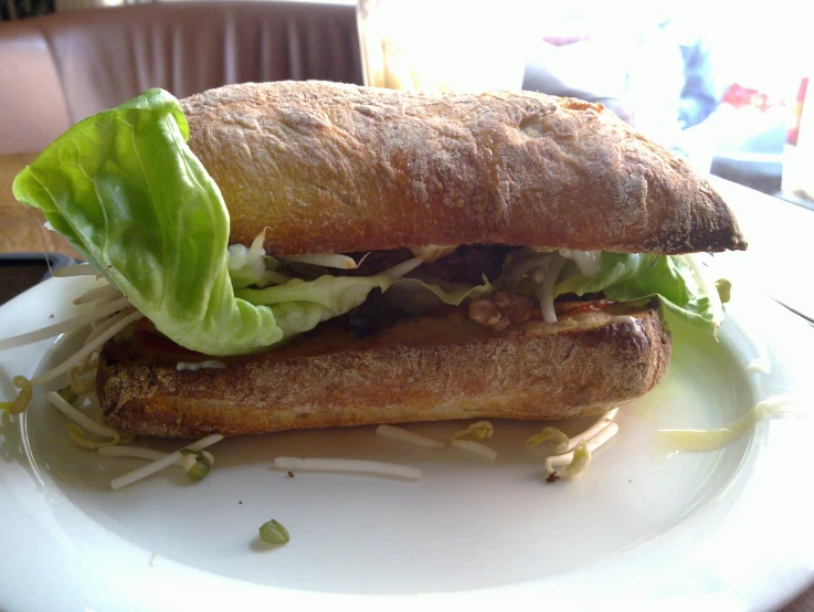 this sandwich is on a plate near some chairs