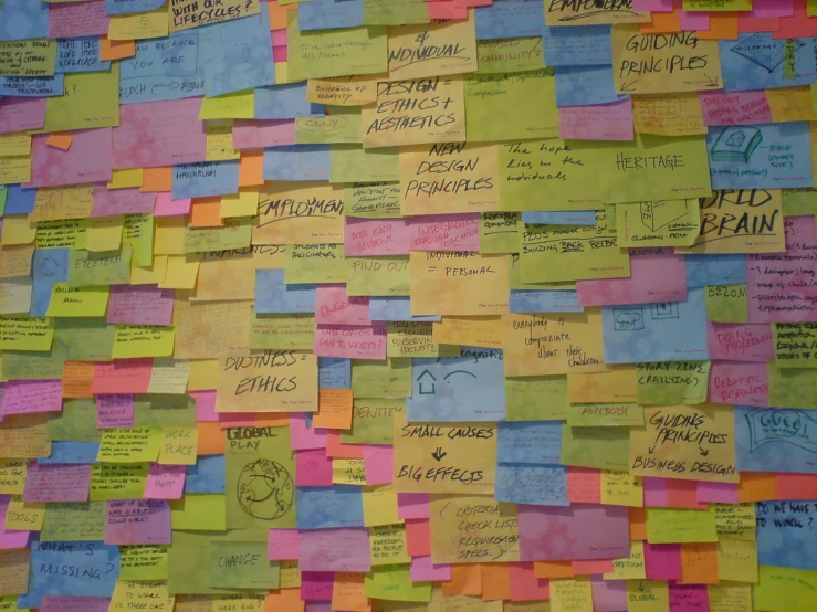 a wall is adorned with multi - colored sticky notes