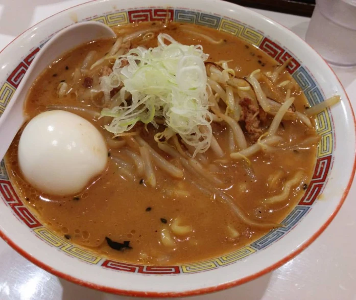 a bowl of soup with noodles, chicken and an egg