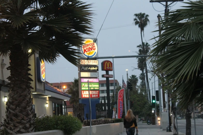 a woman is walking down the street by some palm trees