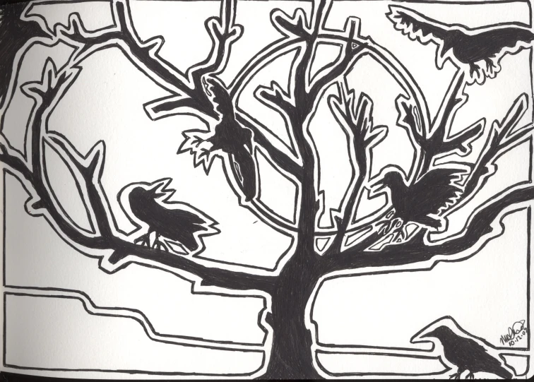 an artistic drawing of a bird in the tree