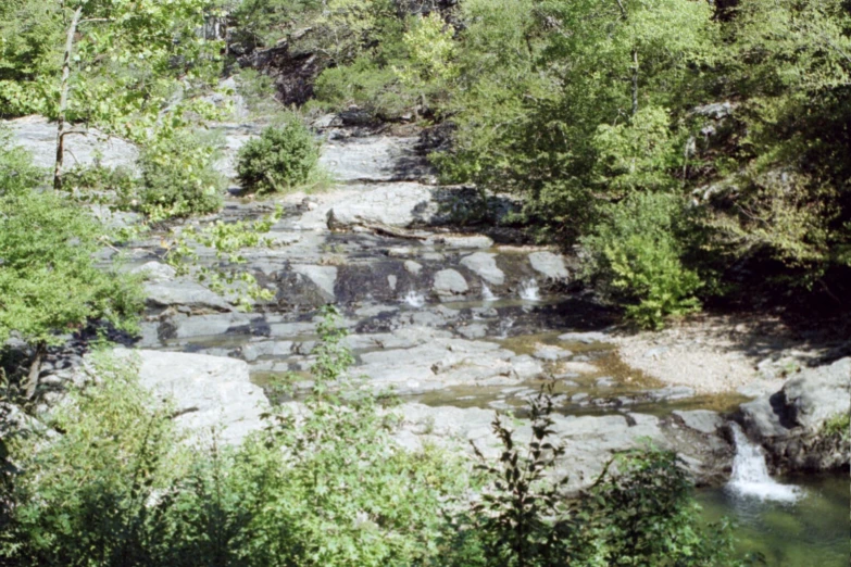 the mountains have trees growing in them as water pours from it