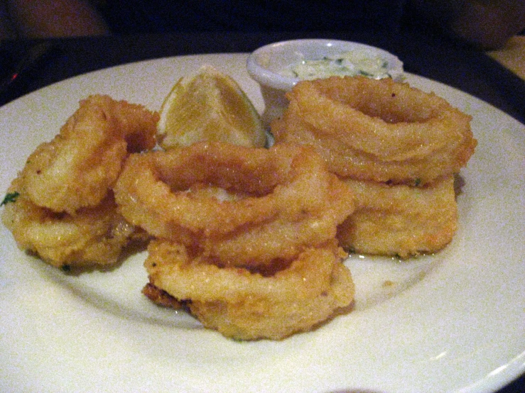 some onion rings are arranged on a white plate